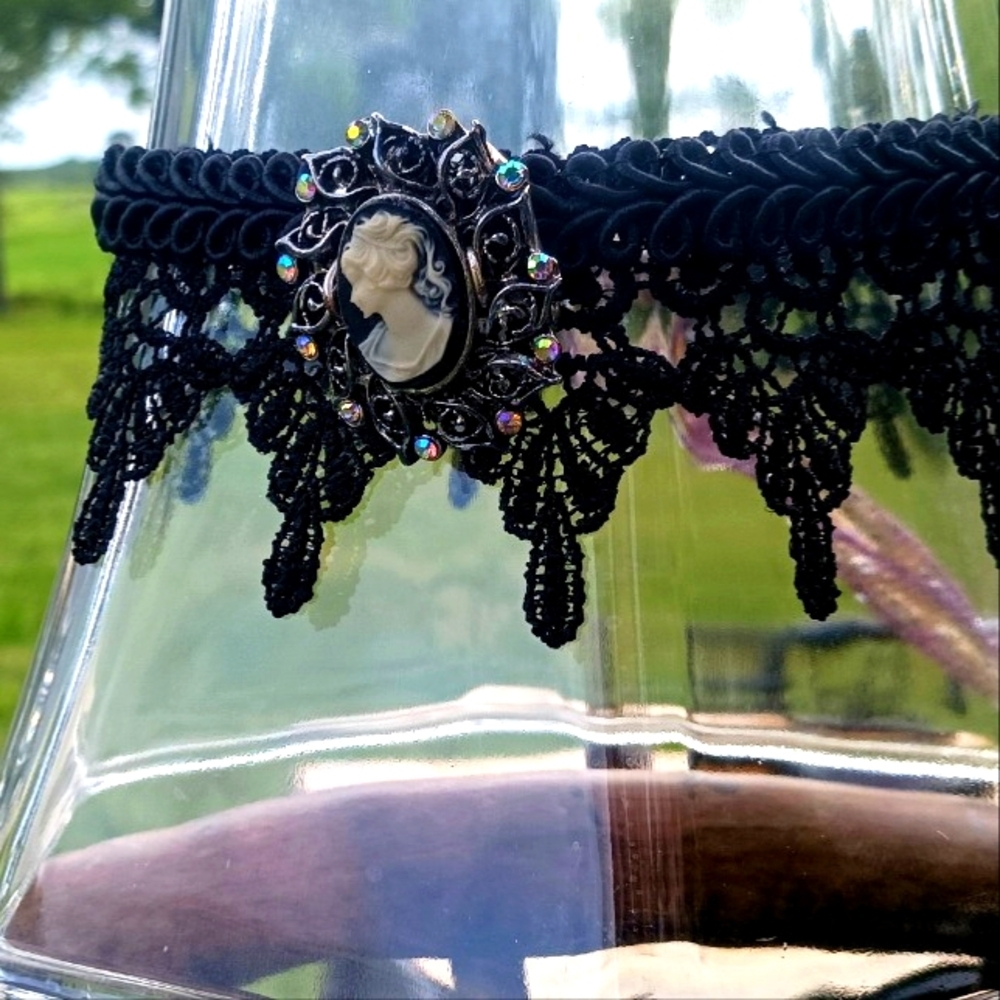 OOAK Artist Hand-sewn Black Lace Choker Cameo Necklace with Corset Style Closure